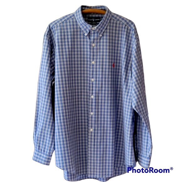 Ralph Lauren Blue White Checked Button Down Shirt Red Pony Logo Classic Flawed - Picture 2 of 10